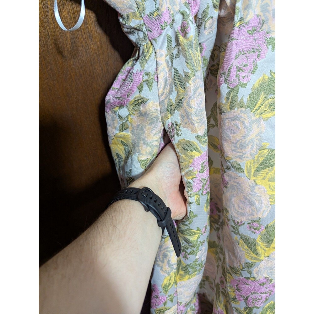 Petal + Pup Floral Brocade Maxi Dress S Small Pink Yellow Bow One Shoulder Pocke - Picture 7 of 9